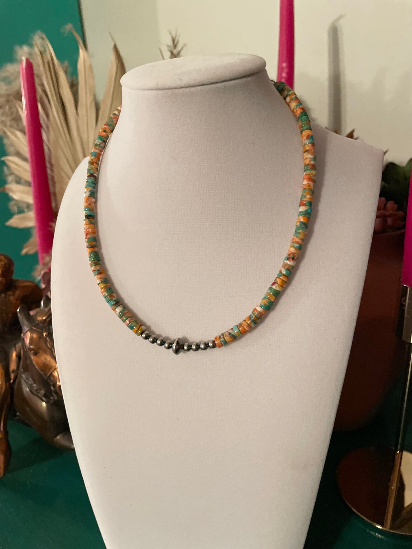 Turquoise Orange Spiney Heshei Necklace