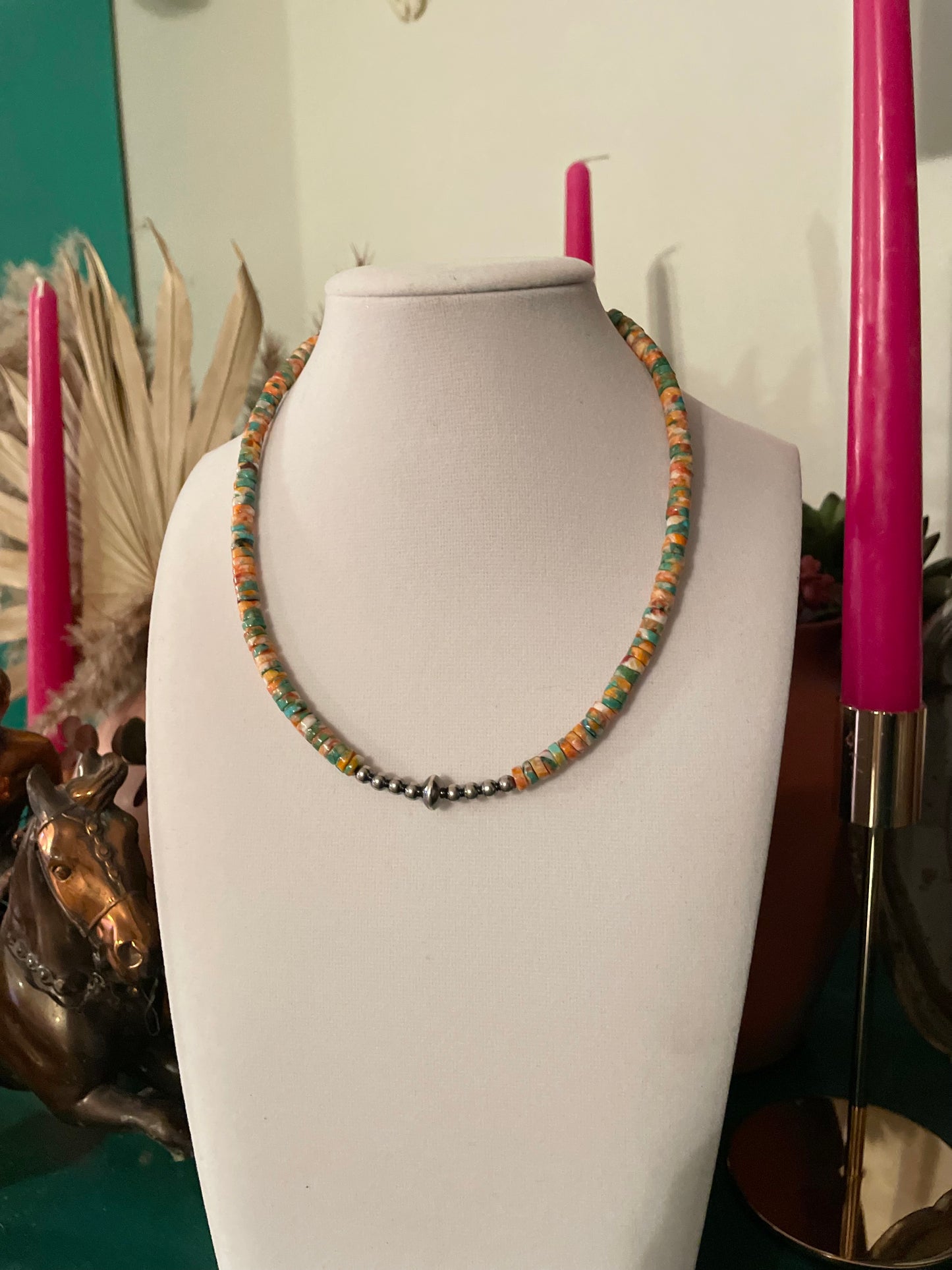 Turquoise Orange Spiney Heshei Necklace